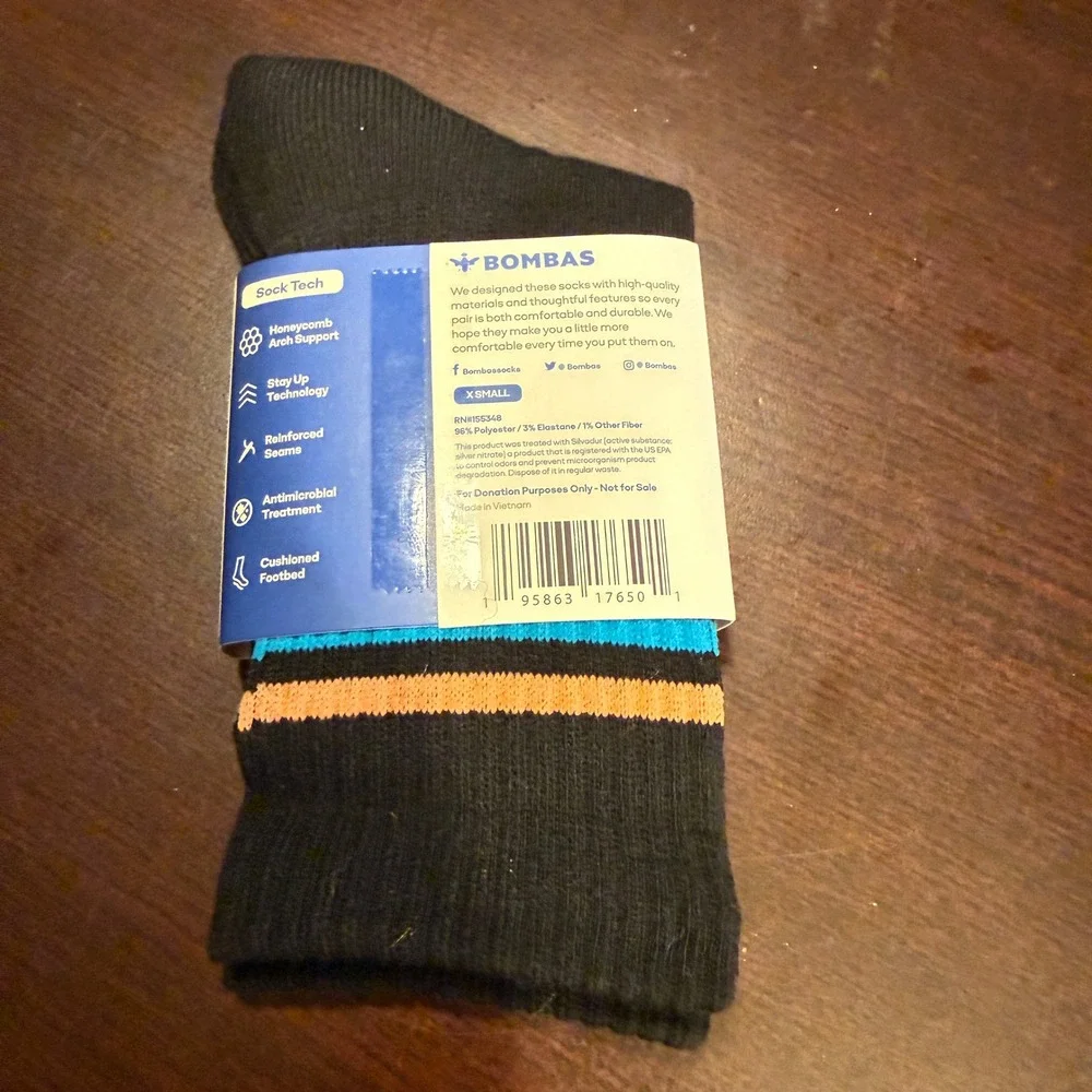 Bombas Womens Cushion Crew Socks Black Blue Orange Stripe 3 Pair Set Size‎ XS